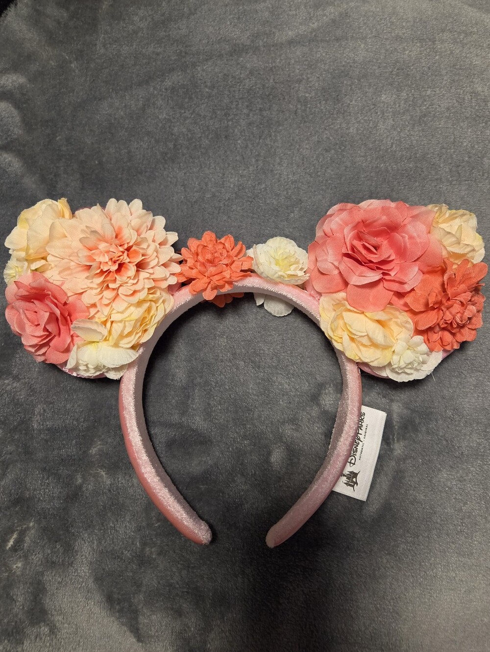 Disney Pink Floral Mouse Ear Headband with Coral and Cream Blooms